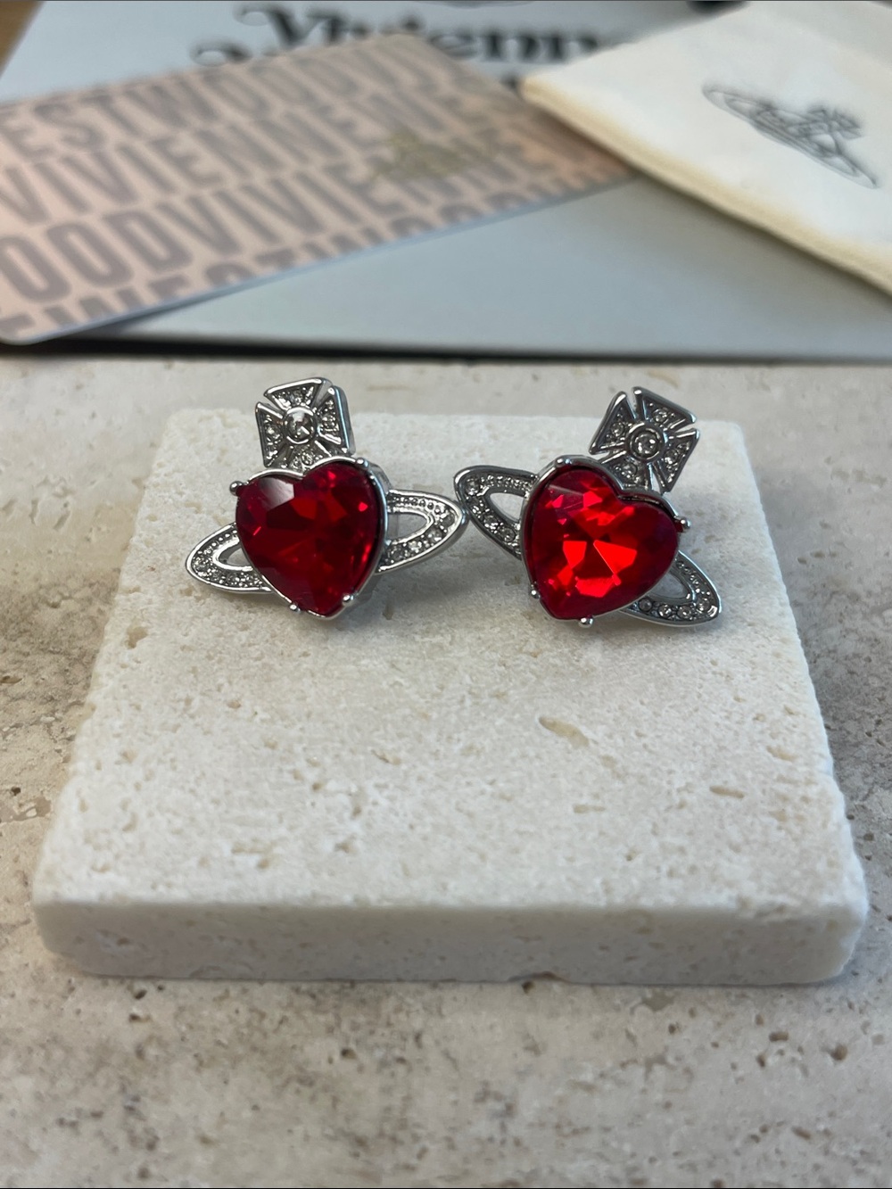Vivienne Westwood Silver Orb Heart Crystal Stud Earrings — Red